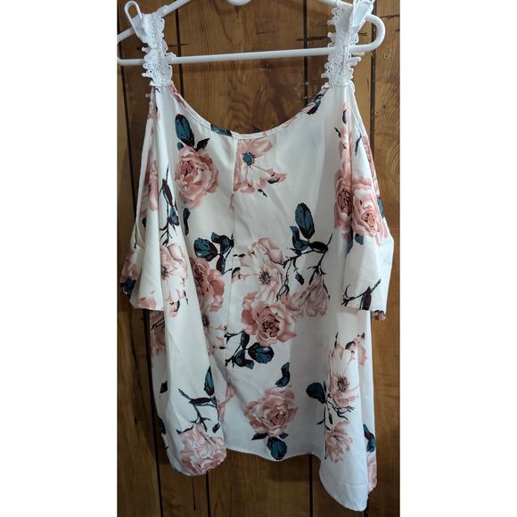 Cold Shoulder Top Womens Plus Size 5X White Green Pink Floral Polyester Blouse - Picture 4 of 4